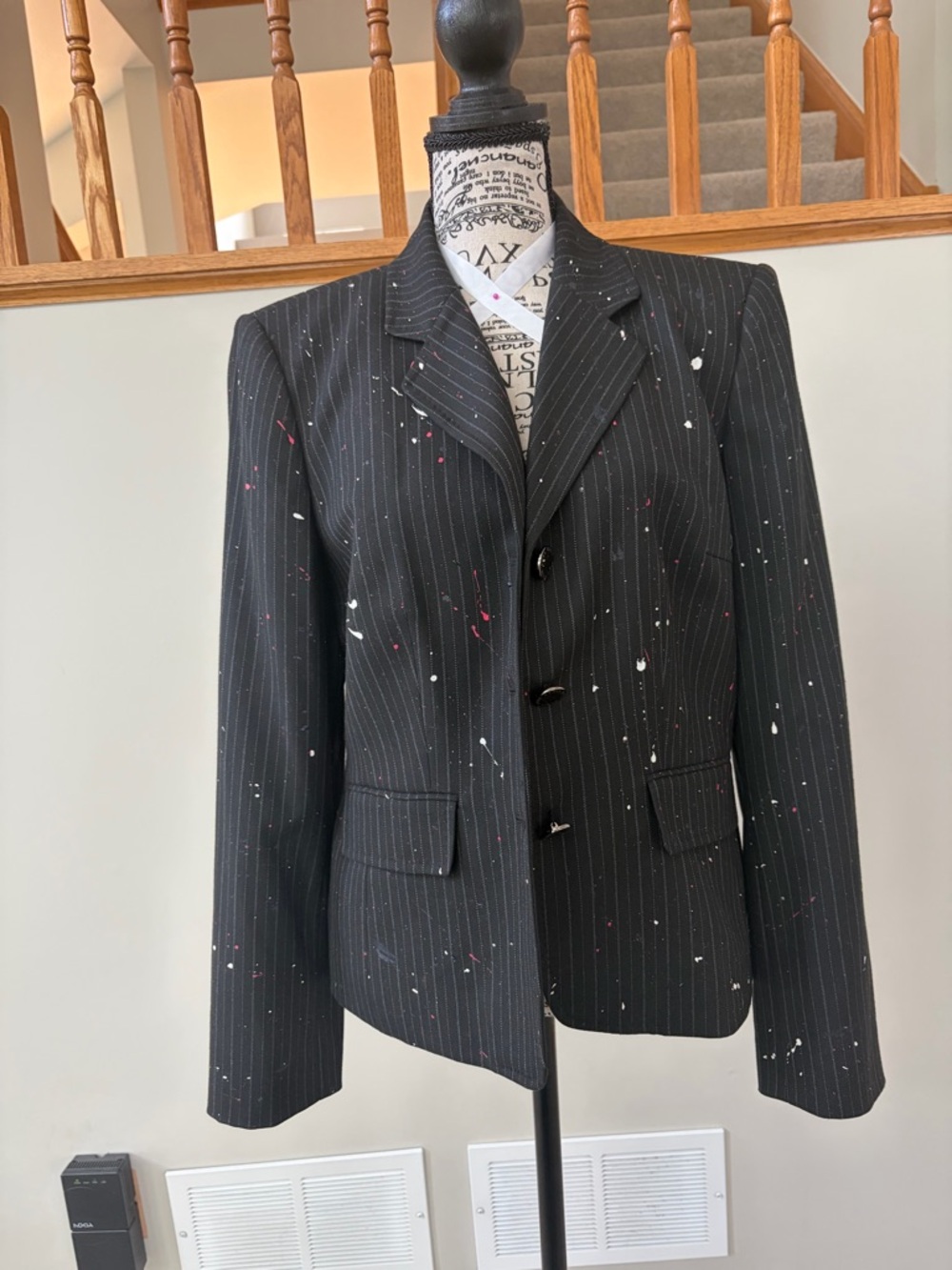 Anne Klein Black Pinstripe Blazer with White & Pink Paint Splatter